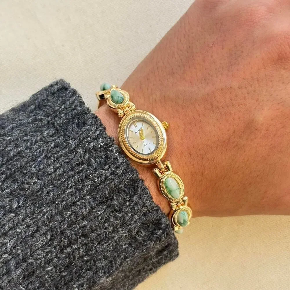 y2k cute gold round stainless steel quartz green stone charm watch
